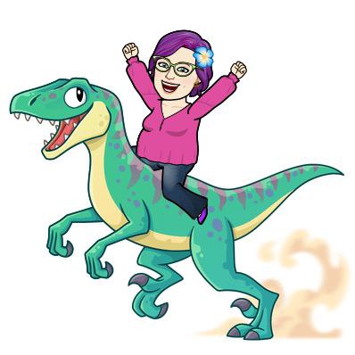 woman happily riding on a dinosaur